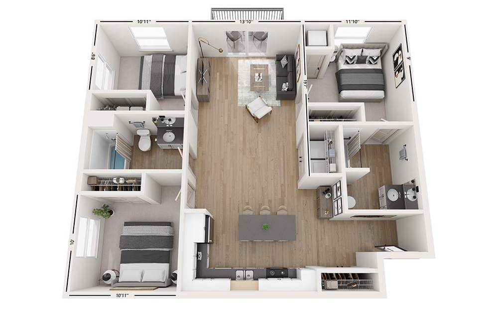 Basin - 3 bedroom floorplan layout with 2 baths and 1195 square feet.