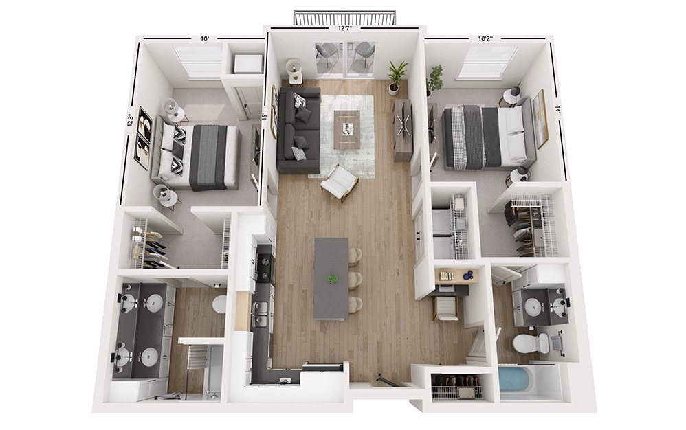 Cove - 2 bedroom floorplan layout with 2 baths and 1047 square feet.