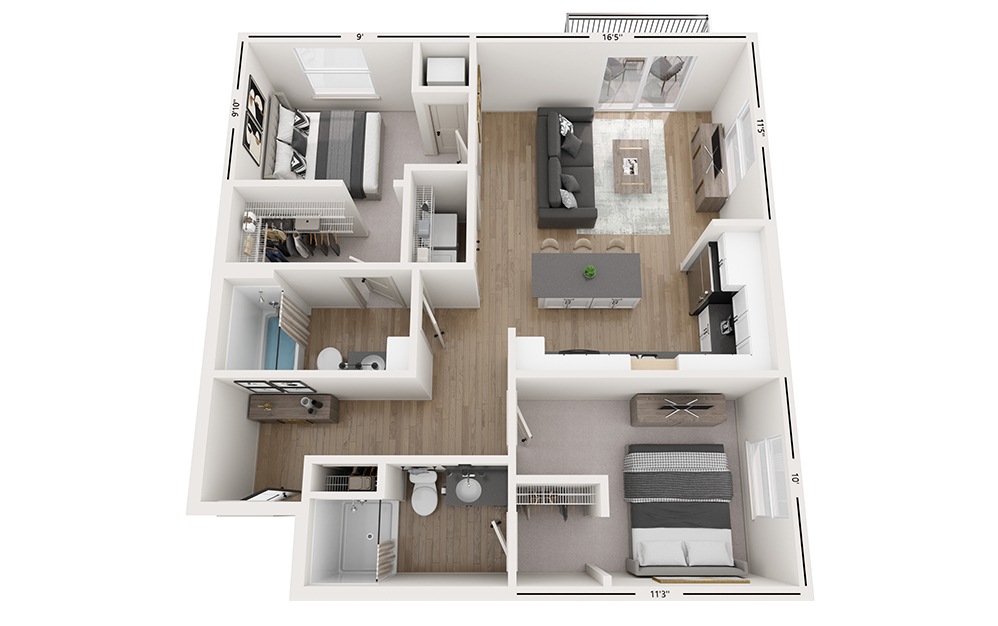 Delta - 2 bedroom floorplan layout with 2 baths and 967 square feet.