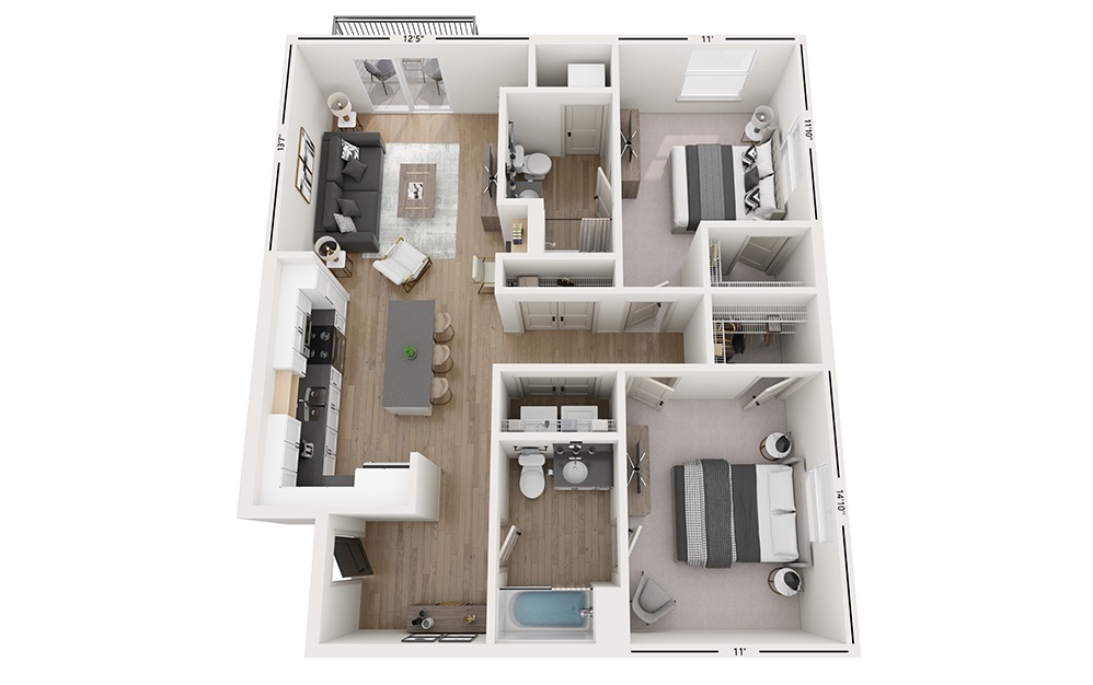 Hudson - 2 bedroom floorplan layout with 2 baths and 1113 square feet.