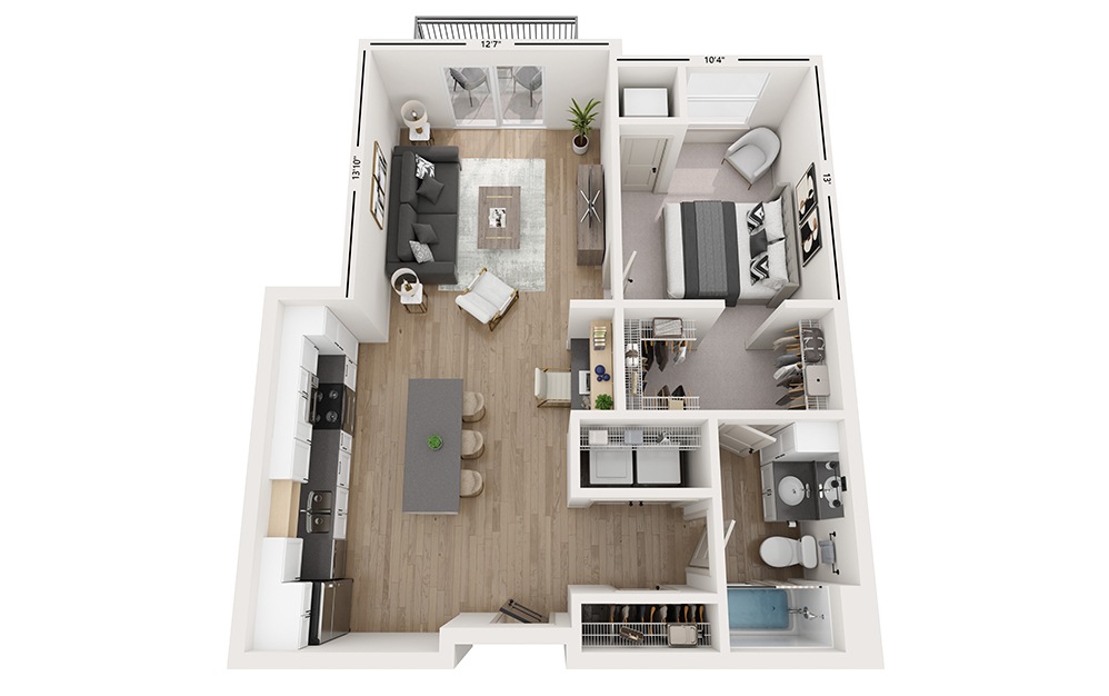 Marina - 1 bedroom floorplan layout with 1 bath and 777 square feet.