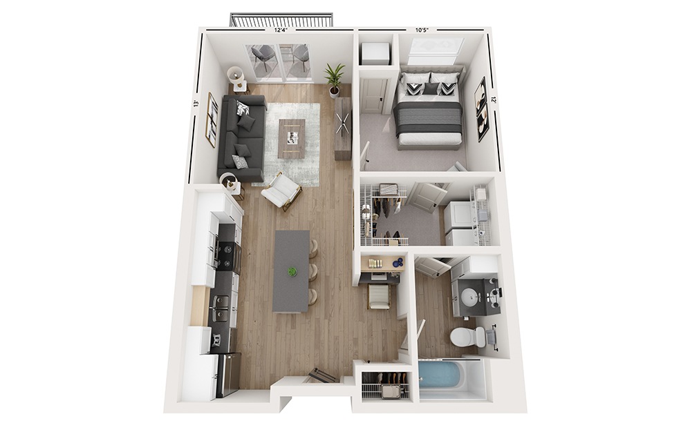 Oxbow - 1 bedroom floorplan layout with 1 bath and 706 square feet.