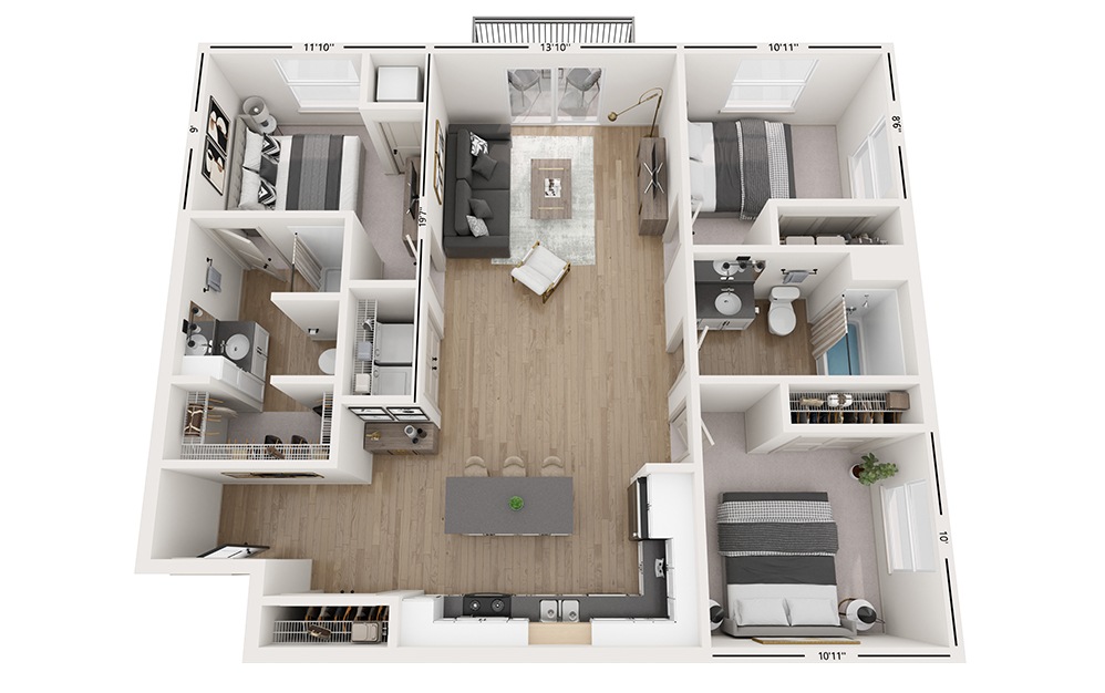 Rio - 3 bedroom floorplan layout with 2 baths and 1195 square feet.