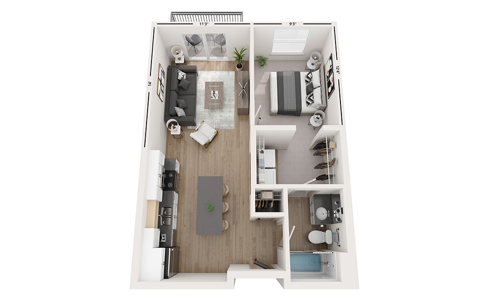 Torrent - 1 bedroom floorplan layout with 1 bath and 645 square feet.
